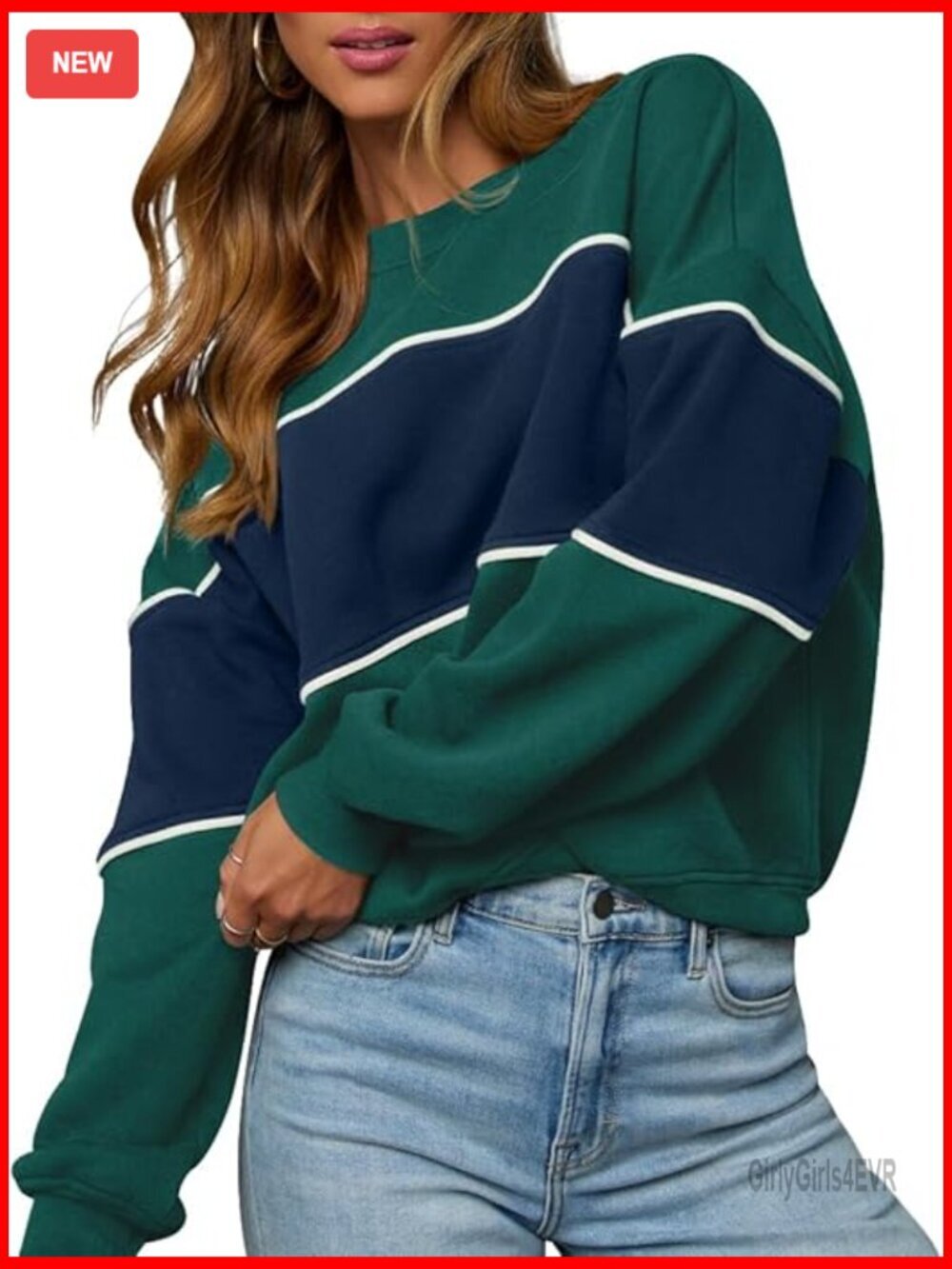 Oversized Crewneck Color Block Pullover Top Long Sleeve Sweatshirt